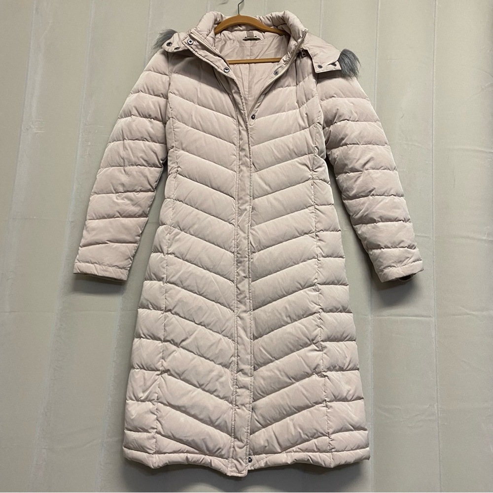 Garnet Hill Women’s Long Puffer Coat Size 2 Hooded Down Full Zip Neutral Cozy